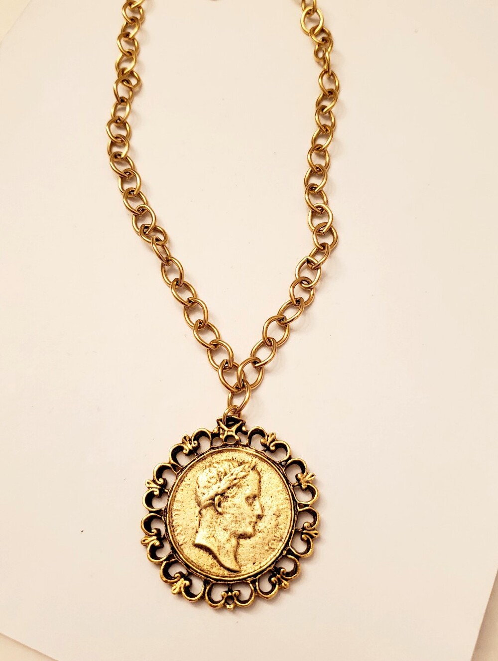 YOCHI NY Gold Tone Vintage Style Medallion Pendant Necklace, 18 inch Chain, $138 - Picture 2 of 5